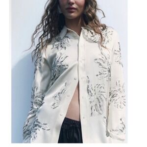 Zara‎ Button Down Blouse Women Small Cream Beaded Floral Viscose Shirt